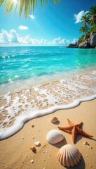 Obraz premium Sun-drenched beach scene, calm ocean waves gently lapping the shore, seashells scattered on the sand, summer holiday vibes, idyllic coastal escape , summer days, waves