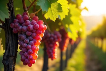 Sun-drenched bunches of ripe grapes hanging heavy on a mature grapevine, ready for harvest  Golden autumn leaves add to the vibrant scene of a bountiful vineyard ,  harvest,  wine