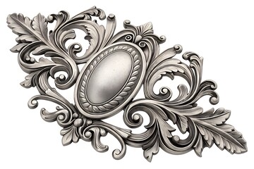 Ornate silver metal embellishment with intricate scrollwork and oval centerpiece decorative element