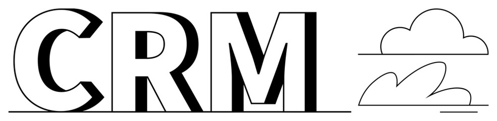 Large bold CRM text complemented by cloud outlines symbolizing digital solutions. Ideal for customer management, digital strategy, business growth, cloud computing, technology integration