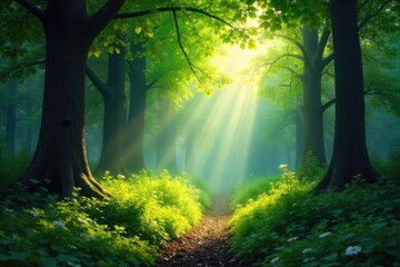 Obraz premium Sunlight dapples through the leaves of a lush, green forest, illuminating the forest floor and creating a magical atmosphere Perfect for nature, environment, and ecology themes , conservation, light