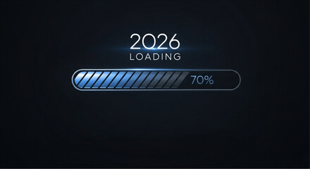 The year 2026 is loading, with a progress bar nearing completion, symbolizes anticipation and the forward march of time, offering a futuristic vision. vector illustration