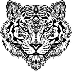 Fototapeta premium Tiger Ornament: Intricate artwork showcases a tiger's majestic face, a symphony of swirling patterns in black and white, exuding both power and artistic elegance.