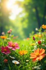 Fototapeta premium Unposed shot of sun-drenched summer scene, featuring vibrant flowers, lush greenery, and natural light Perfect for projects emphasizing carefree, joyful summer vibes , freedom, bloom, light