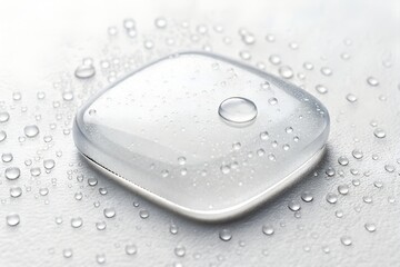 Close up studio shot of a clear droplet of water on a light surface