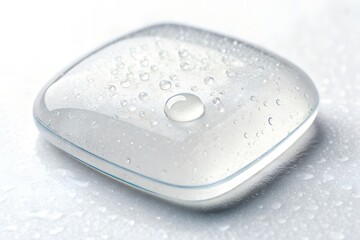Close up studio shot of a clear rounded object with water droplets reflecting light