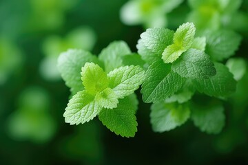 Macro Close Up Of Fresh Vibrant Green Mint Leaves With Water Droplets Sparkling In Soft Natural Light Isolated On Dark Blurred Background