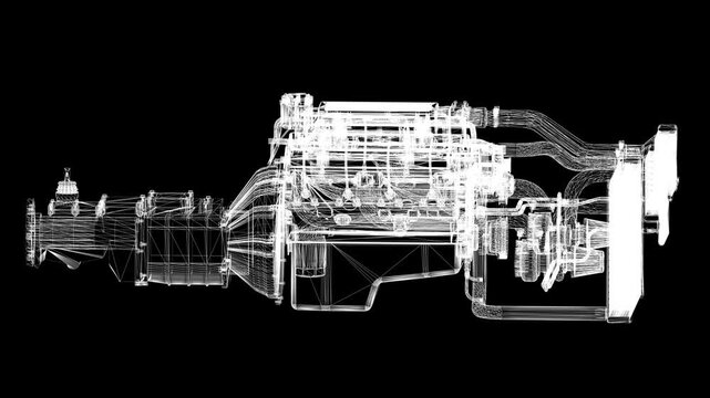 Mechanical Engine Wireframe, Technical Blueprint, 3D CAD Project, Industrial Machinery Design, Engineering Concept Animation