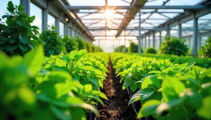 Vibrant green plants thriving in a modern glass greenhouse, sunlight streaming through the panes Ideal for agriculture, horticulture, botany, and environmental themes , flowers, sunlight