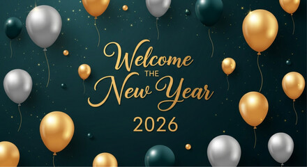 A festive scene adorned with balloons spells out a warm welcome for the New Year. vector illustration