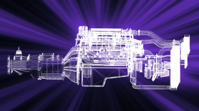 Mechanical Engine Wireframe, Technical Blueprint, 3D CAD Project, Industrial Machinery Design, Engineering Concept Animation