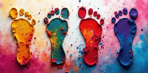 Vibrant, multicolored footprint art installation A striking display of color and texture, perfect for design projects focusing on creativity and individuality , bold, unique design, footprint