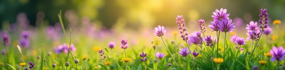 Vibrant purple wildflowers in a lush meadow, bathed in sunlight A stunning display of nature's beauty, perfect for spring or summer themes , summer flowers, pretty, spring
