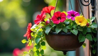 Vibrant petunias and trailing ivy overflowing from a rustic, wrought-iron hanging basket, bathed in warm sunlight  Perfect for garden, home decor, and spring themes ,  spring,  blossom,  sunlight