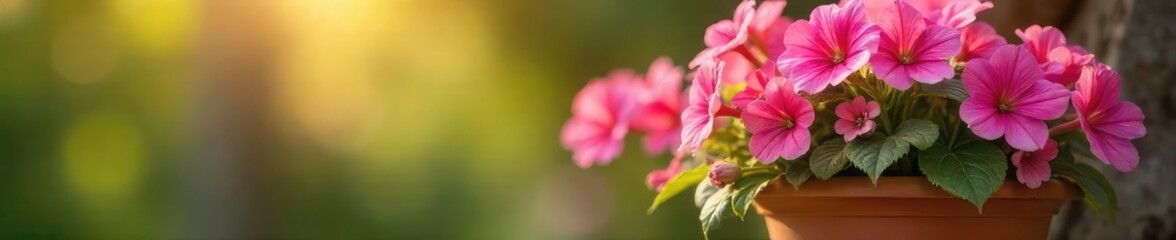 Vibrant pink geranium blossoms overflowing from a terracotta flowerpot, bathed in warm sunlight Perfect for gardening, spring, and home decor themes , flora, geranium