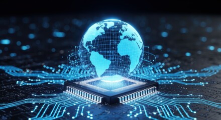 Digital globe over microchip representing global technology