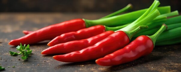 Vibrant red chili peppers and fresh green spring onions, a spicy and flavorful culinary duo, ready to be used in cooking Perfect for recipes needing a zesty kick , chilies, green, nutrition