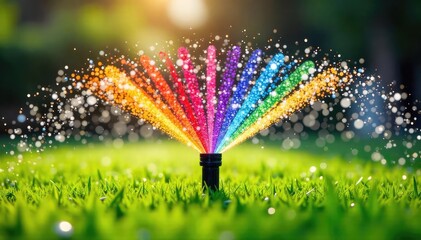 Vibrant rainbow arc of water sprays from a rotating sprinkler, showering the lush green lawn with colorful droplets  Perfect for summer, irrigation, garden, and playful themes ,  plants,  cool