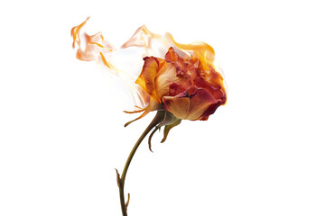 Flaming rose blossom artistic display abstract concept studio setting dramatic perspective symbolizing transformation and passion