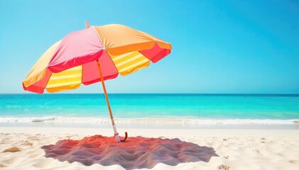 Vibrant striped beach umbrella casting shade on soft sand, providing a tranquil escape from the sun  Perfect for summer vacation, relaxation, and seaside imagery ,  happy,  tropical