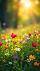 Vibrant spring wildflowers in a lush meadow, bathed in warm sunlight A stunning display of color and nature's beauty, perfect for spring themes , blossom, daisy, beauty