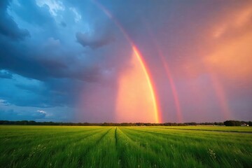 Vibrant streaks of color paint the sky as a summer rain shower passes, leaving a rainbow's fleeting beauty in its wake  A stunning display of nature's artistry , beautiful, bright, intense