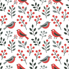 Seamless Pattern Red Berry Christmas And Bird Red Winter Design