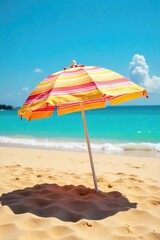 Vibrant striped beach umbrella providing shade on a sunny day, casting a shadow on the golden sand Perfect for summer, vacation, and relaxation themes , texture, vacation