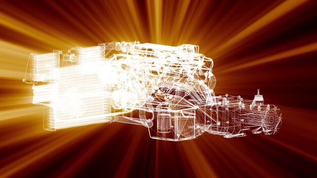 Mechanical Engine Wireframe, Technical Blueprint, 3D CAD Project, Industrial Machinery Design, Engineering Concept Animation