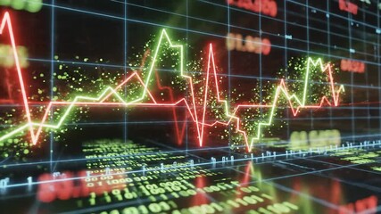 Economic data chart with fluctuating green and red lines. Representing stock market volatility, profit, and loss. Abstract visualization of financial trends and binary code - Powered by Adobe