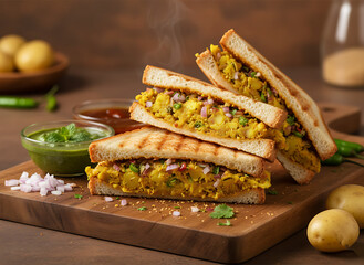 Spicy Aloo Chaat Sandwich Indian Street Food Hot Potato Snack Meal Fried Crispy