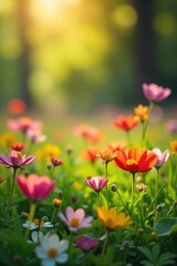 Vibrant wildflowers bloom in a lush meadow bathed in the warm sunlight of springtime Perfect for themes of renewal, growth, and the beauty of nature's awakening , colorful, wildflowers, field
