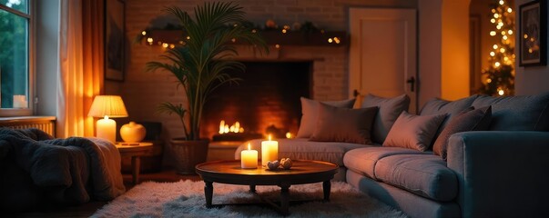 Warm candlelight illuminates a cozy living room interior, highlighting plush textures and soft furnishings Perfect for home decor, ambiance, and relaxation themes , romantic, hygge, glow