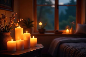 Warm, inviting glow of flickering candlelight illuminating a cozy interior, creating a romantic and serene atmosphere Perfect for home decor, relaxation, and spa themes , rustic, romantic, evening