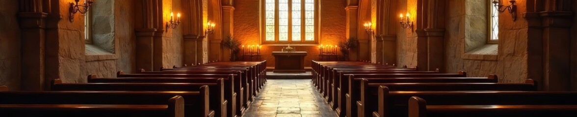 Warm candlelight illuminates a serene church interior, casting soft shadows on aged stone walls and pews The peaceful ambiance evokes spirituality and tranquility , ambiance, devotion, religious