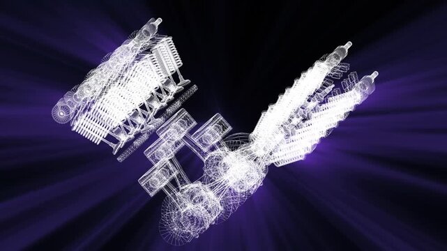 Mechanical Engine Wireframe, Technical Blueprint, 3D CAD Project, Industrial Machinery Design, Engineering Concept Animation