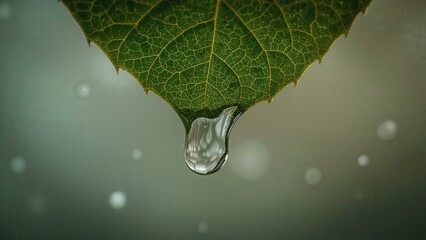 Fototapeta premium Close-up of a leaf with a water droplet hanging from the tip, showcasing nature's detail and freshness.