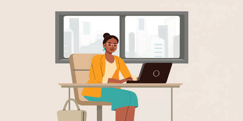 Professional businesswoman working on a laptop at her desk in a modern office vector