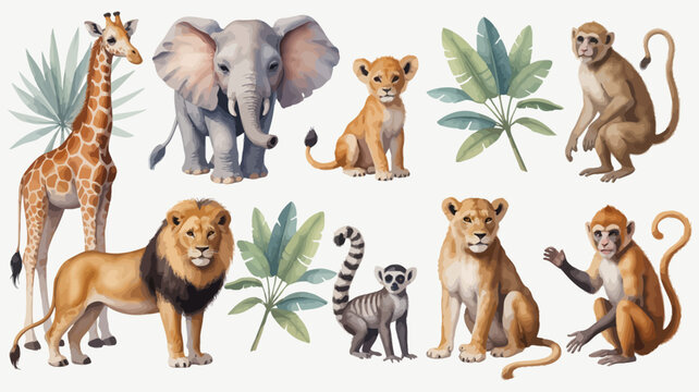 Colorful vector wildlife scene with giraffe, elephant family, playful monkeys, lion couple, and lemur surrounded by tropical foliage, palm fronds, and greenery, suitable for nature 