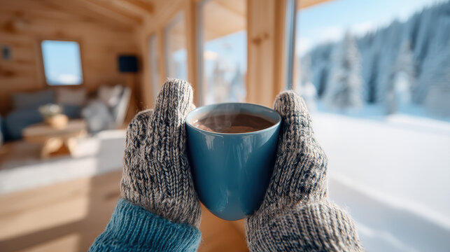 Cozy winter scene with warm gloves holding steaming cup inside wooden cabin while snow blankets outside, perfect for peaceful family Christmas dinner moment