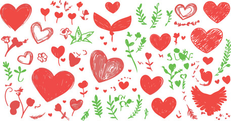 Collection of hand drawn red hearts and green floral elements on white background