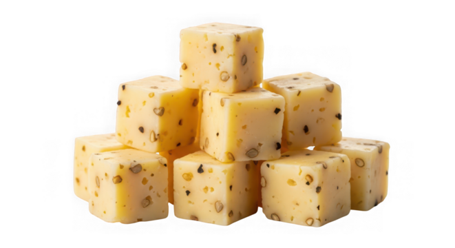 A stack of pepper jack cheese cubes isolated on transparent background