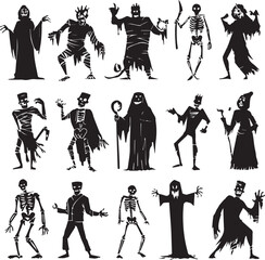 Obraz premium Halloween Monsters Silhouette Vector Set – Vampire, Zombie, Skeleton, and Ghost Icons