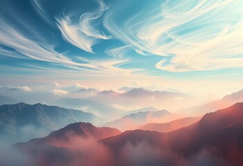 Fototapeta premium Ethereal washes of color suggest distant mountains and swirling skies, sky, artwork