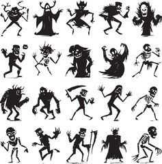 Halloween Monsters Silhouette Vector Set – Vampire, Zombie, Skeleton, and Ghost Icons