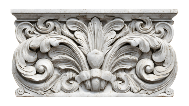 Ornate decorative carved stone relief classic architectural motifs and elegant scrollwork, traditional history craftsmanship Isolated on transparent background