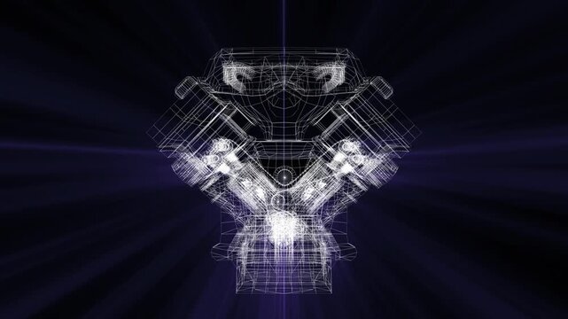 Mechanical Engine Wireframe, Technical Blueprint, 3D CAD Project, Industrial Machinery Design, Engineering Concept Animation