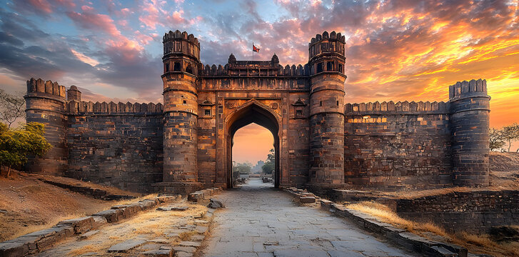 Minimalist illustration of Shaniwar Wada fort in Pune, Maharashtra, featuring clean architectural lines, historic stone walls, and a serene cultural ambiance of India&rsquo;s Maratha heritage.