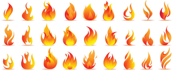 Stock vector set of fire flame icons and symbols for logo design, a hot and dangerous burning collection of orange and yellow elements showing heat, power, and light