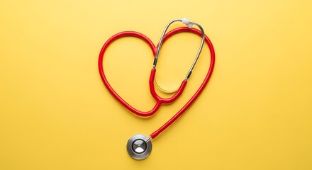 Red Stethoscope Forming Heart Shape on Yellow Background.